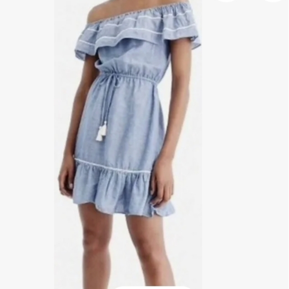 J.Crew Ruffle Off The Sleeve Tie Front Linen Dress sz XS